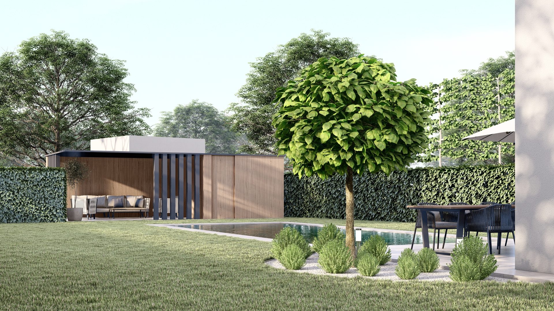 zwembad tuin pool poolhouse garden gardenarchitectuur tuinarchitectuur zwembadbouwer willy naessens swimmingpools zomer summer render visualisatie 3dstudio 3d