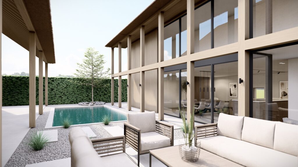 zwembad tuin pool poolhouse garden gardenarchitectuur tuinarchitectuur zwembadbouwer willy naessens swimmingpools zomer summer render visualisatie 3dstudio 3d